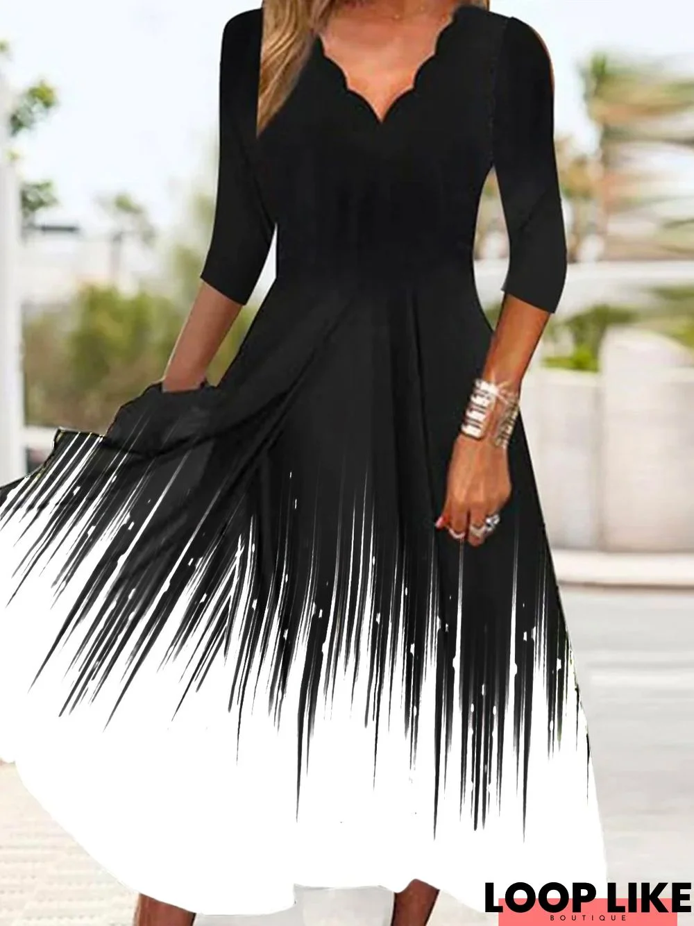 Women's A Line Dress Midi Dress Black Long Sleeve Striped Print Spring Fall V Neck Half Sleeve Casual Vintage