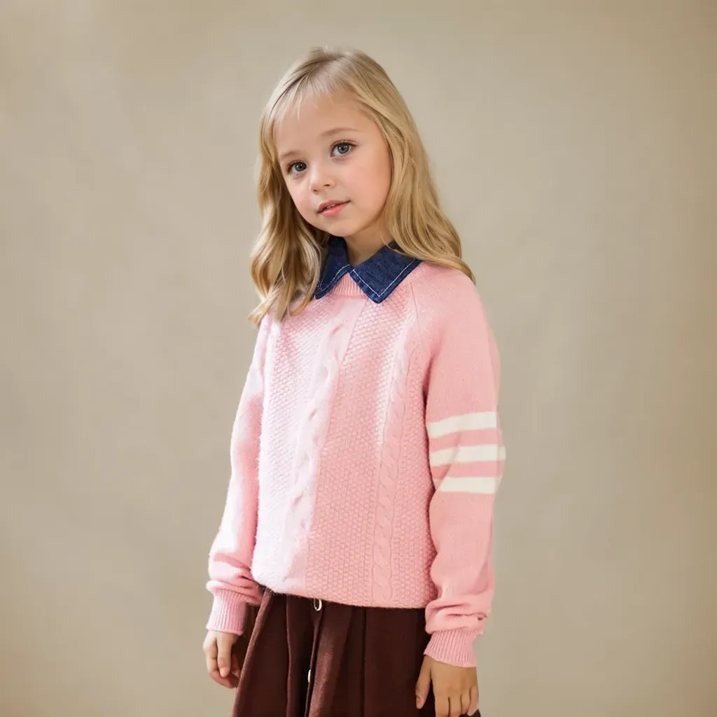 Cable Knit Kid's Wool Sweater with Stripes REAL SILK LIFE