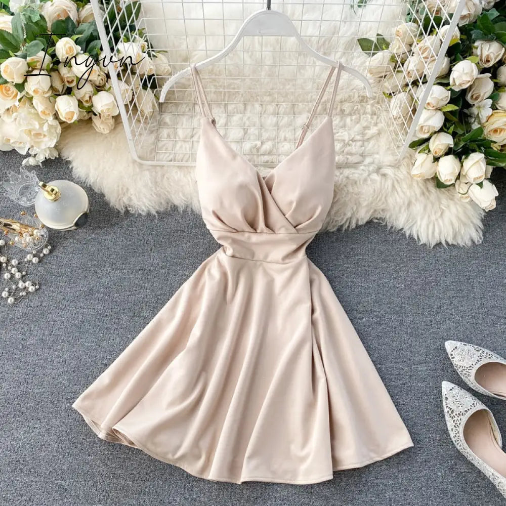 Ingvn - Women A - Line Sexy Dress V - Neck Spaghetti Strap Backless Mini Dresses Soild Color