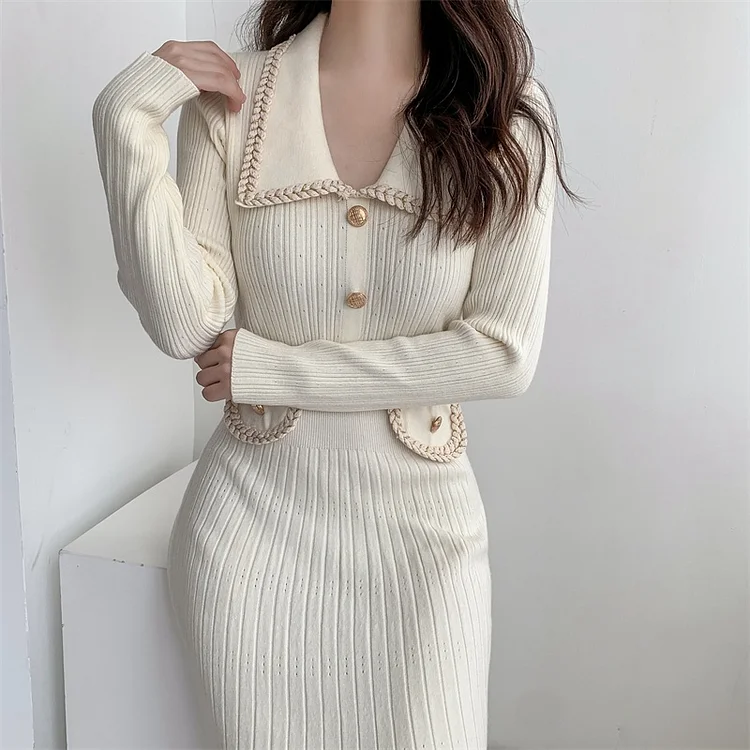 Cardcake gold prom dresses 2025 New Autumn Chic Knitted Dresses for Women Solid Slim Elegant High Waist A Line Korean Sweater Dress Winter Female Knitwear