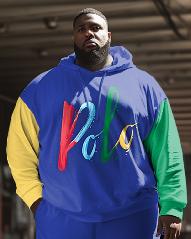 Men's Big and Tall Casual Hip Hop POLO Color Matching Long Sleeve Hoodie Set