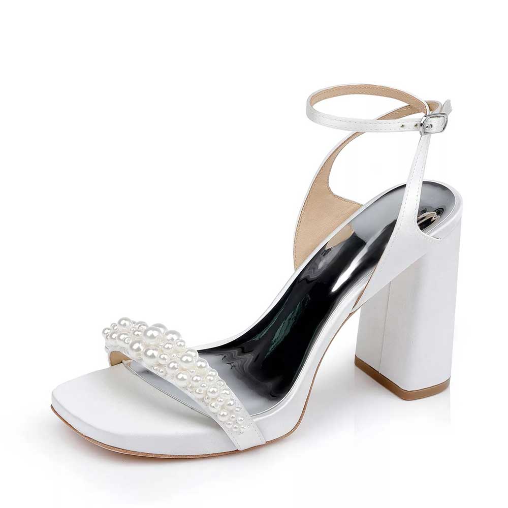 White Satin Pearl Embellished Ankle Strap Elegant Bridal Sandals      Nicepairs