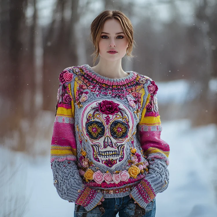 Women's Vintage Sugar Skull And Floral Knit Jacquard Crew Neck Sweater
