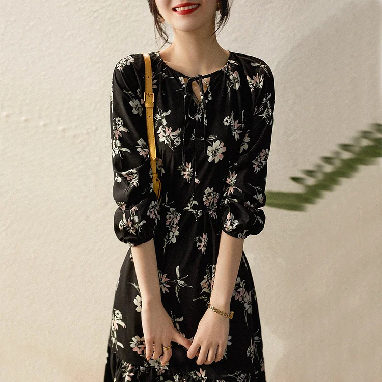 As Picture A-Line Printed Floral Long Sleeve Dresses QueenFunky