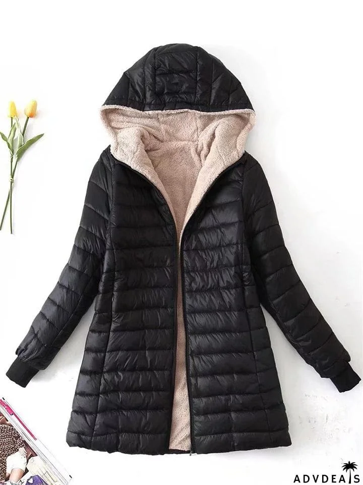 Women's Winter Windproof Zipper Warm Plush Hooded Coat