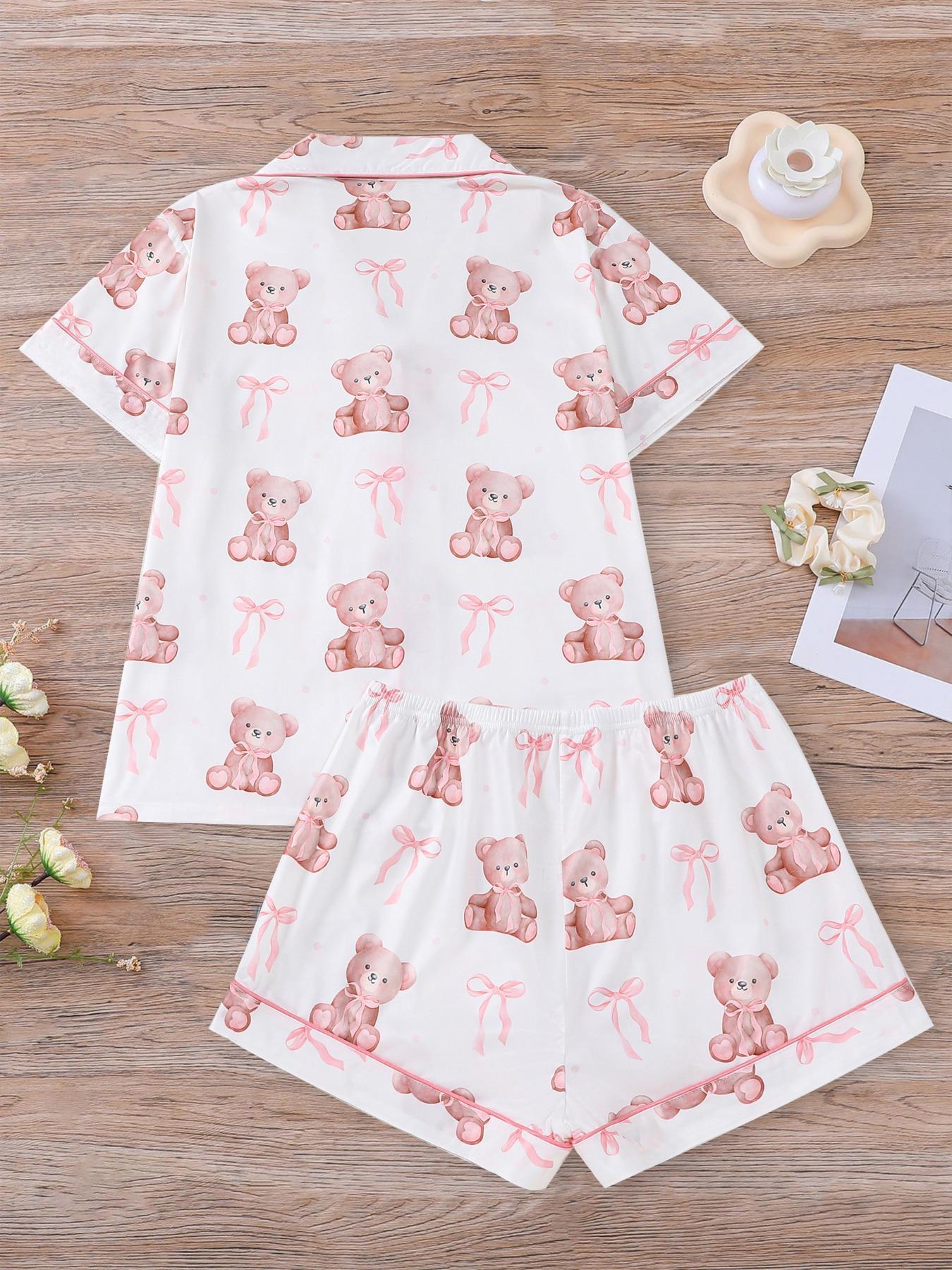 Women's Bear Print Knit Short Sleeve Top & Elastic Waist Shorts Pajama Set, Casual Fit Comfy Soft Cute Shirt & Shorts Loungewear Set, Ladies Sleepwear for Summer Pjs