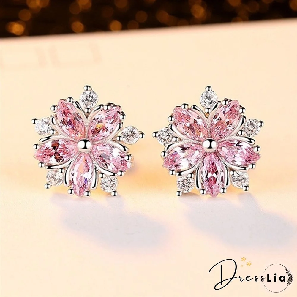 Cute 925 Sterling Silver Pink Topaz Cross CZ Diamond Sakura Flower Stud Earrings Wedding Jewelry Gifts