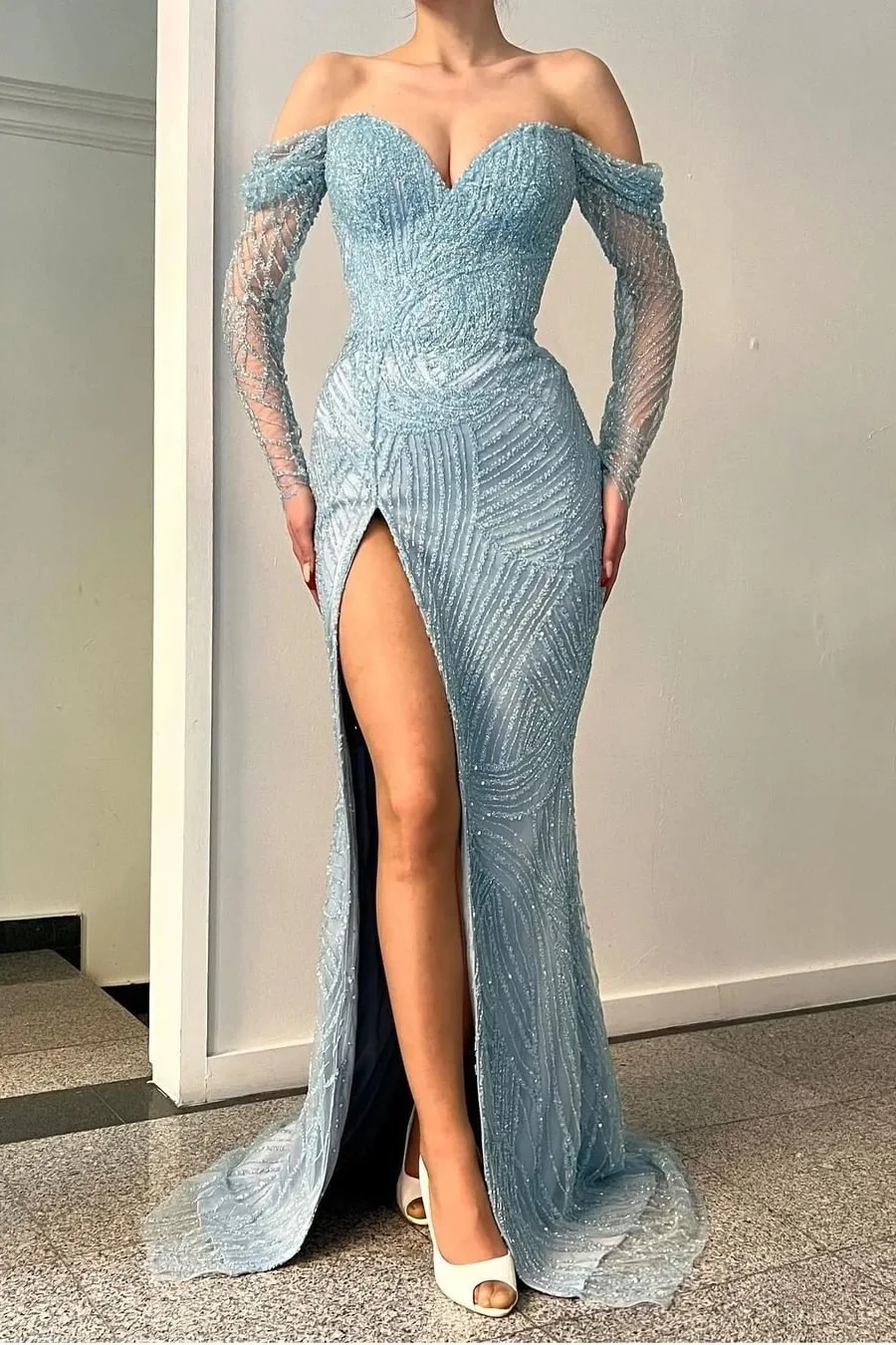 Blue Long Sleeves Off-The-Shoulder Sweetheart Sequins Evening Dress With Split Mermaid ED0281