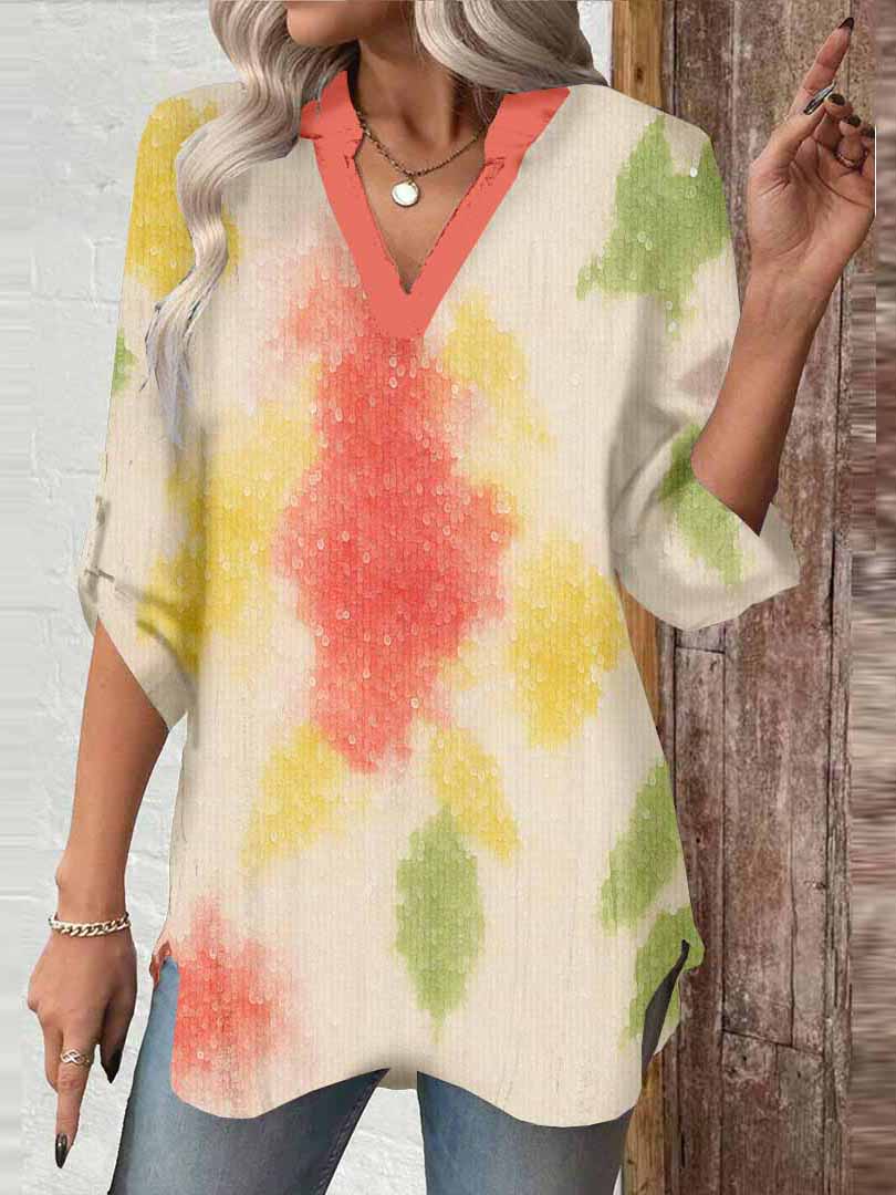 Women Floral, Red, Green DZGA0178 3/4 Sleeve V-neck Printed Graphic Button Tops