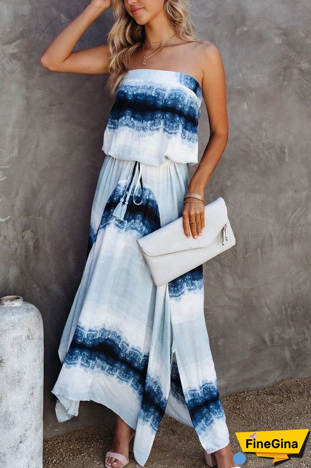 Tie Dye Drawstring Waist Tassel Tube Dress