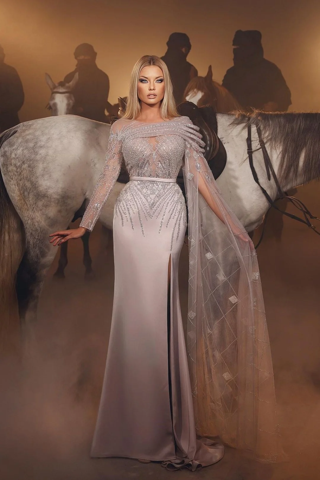 Lisliy Heavy Prom Dress Sequins With Belt One Sleeve Long Satin Slit Tulle