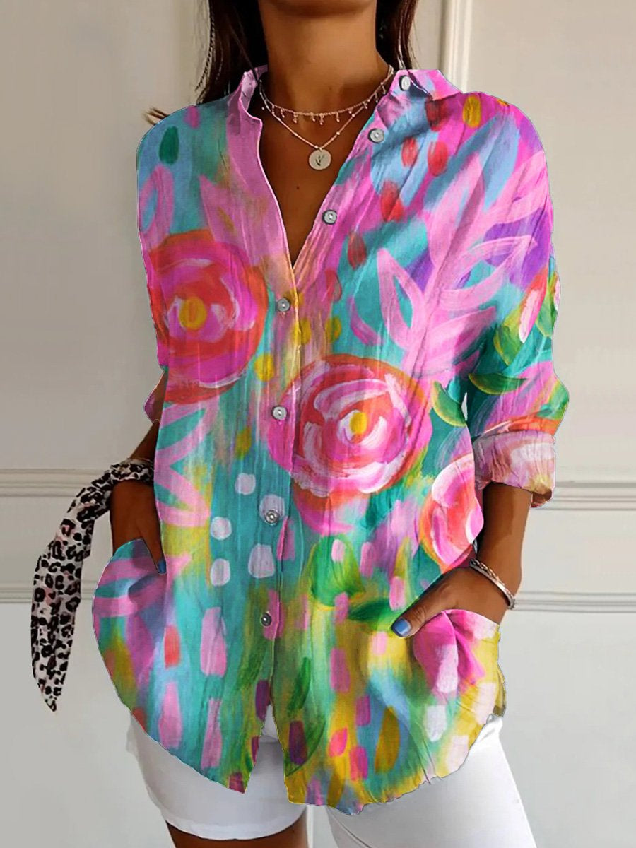 Women's  Floral Art  Print Casual Cotton Shirt