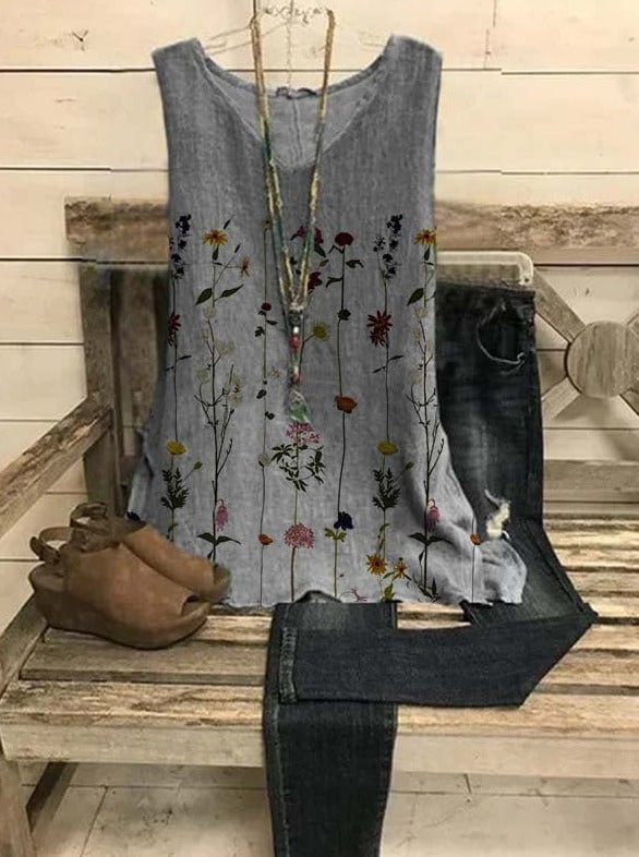 Sleeveless Cotton-Blend Floral-Print Casual Tops