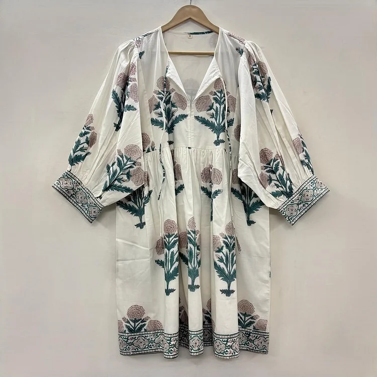 Floral Hand Block Print Woman Midi Dress &ndash; Bohemian Cotton Tunic for Women with String Closure & Full Lining
