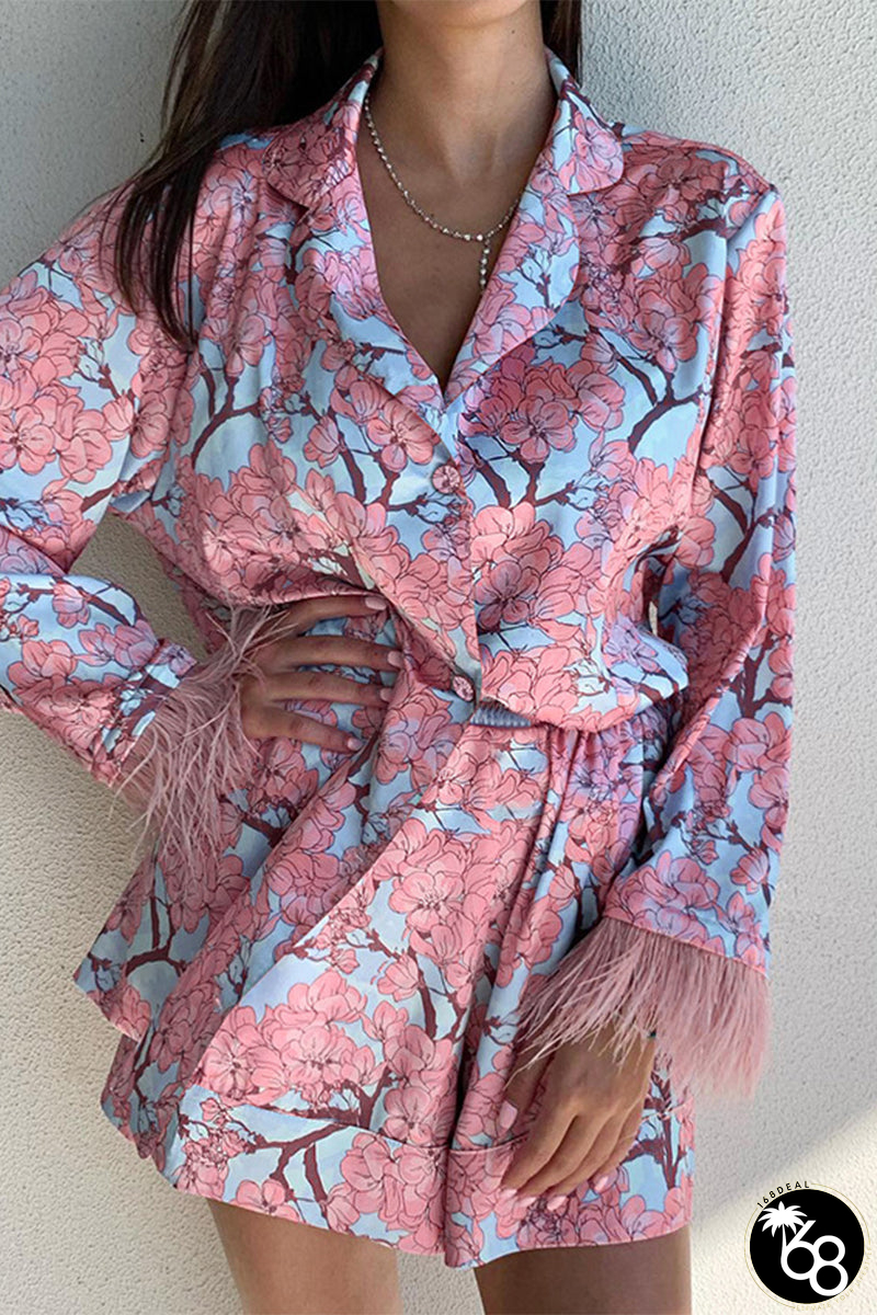 Floral Feathers Turndown Collar Long Sleeve Two Pieces | 168DEAL