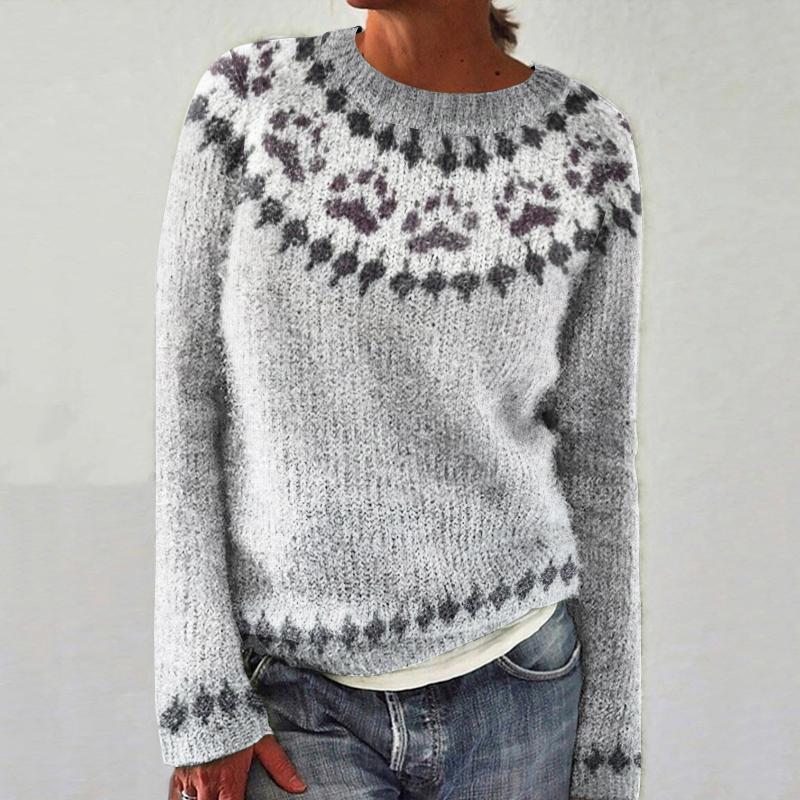 Dog Paw Print Long Sleeve Knitted Pullover Sweater wearshes