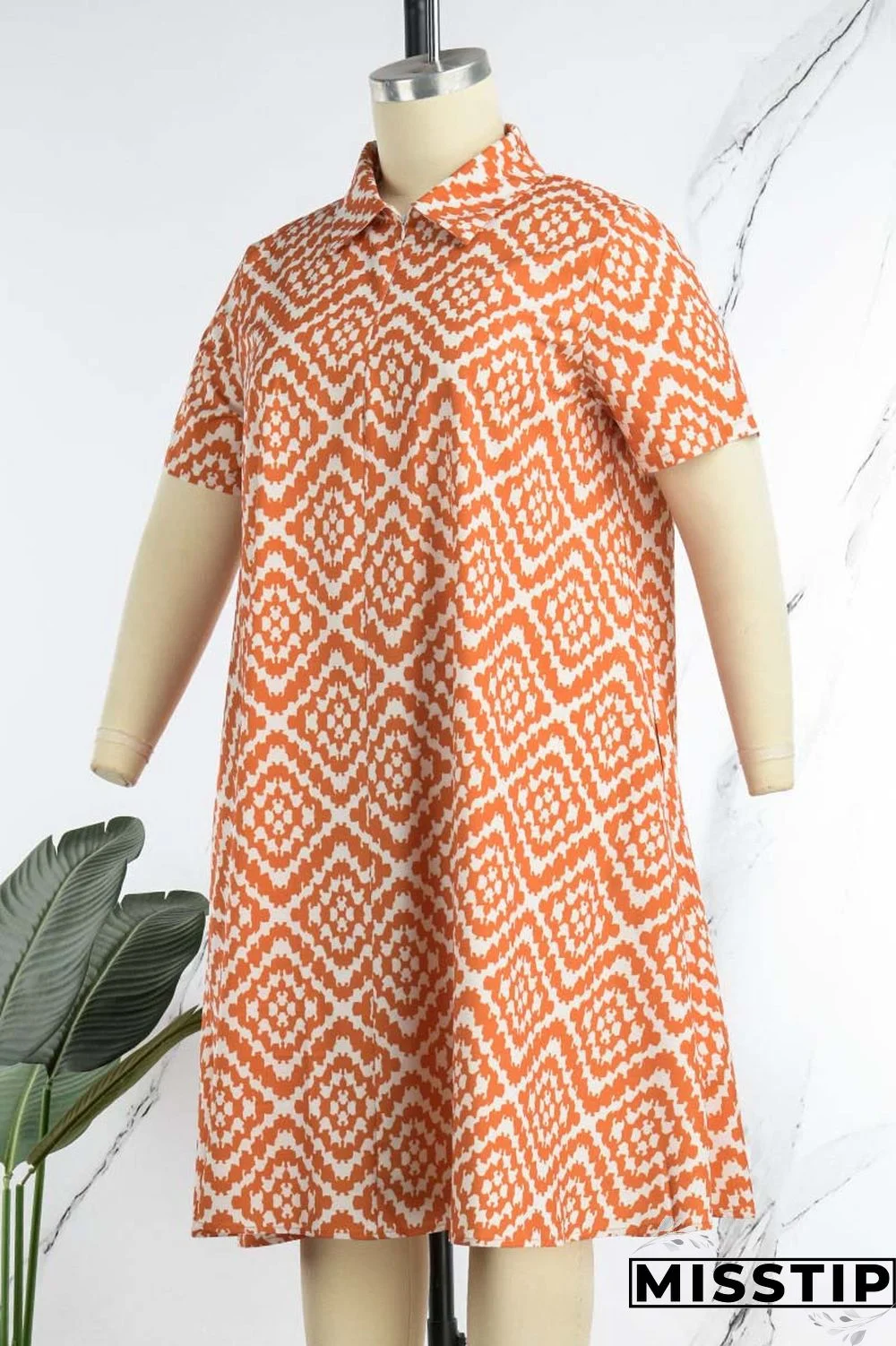 Colour Casual Print Patchwork Turndown Collar Straight Plus Size Dresses