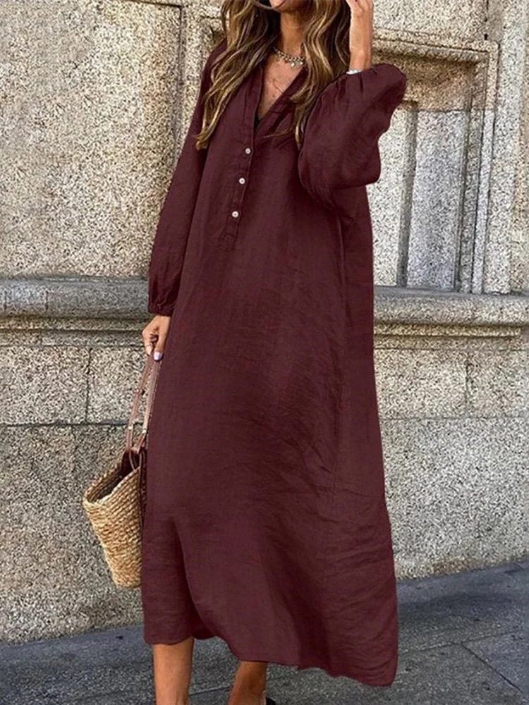 Cotton And Linen Solid Color Long Sleeved Button Down Shirt Dress