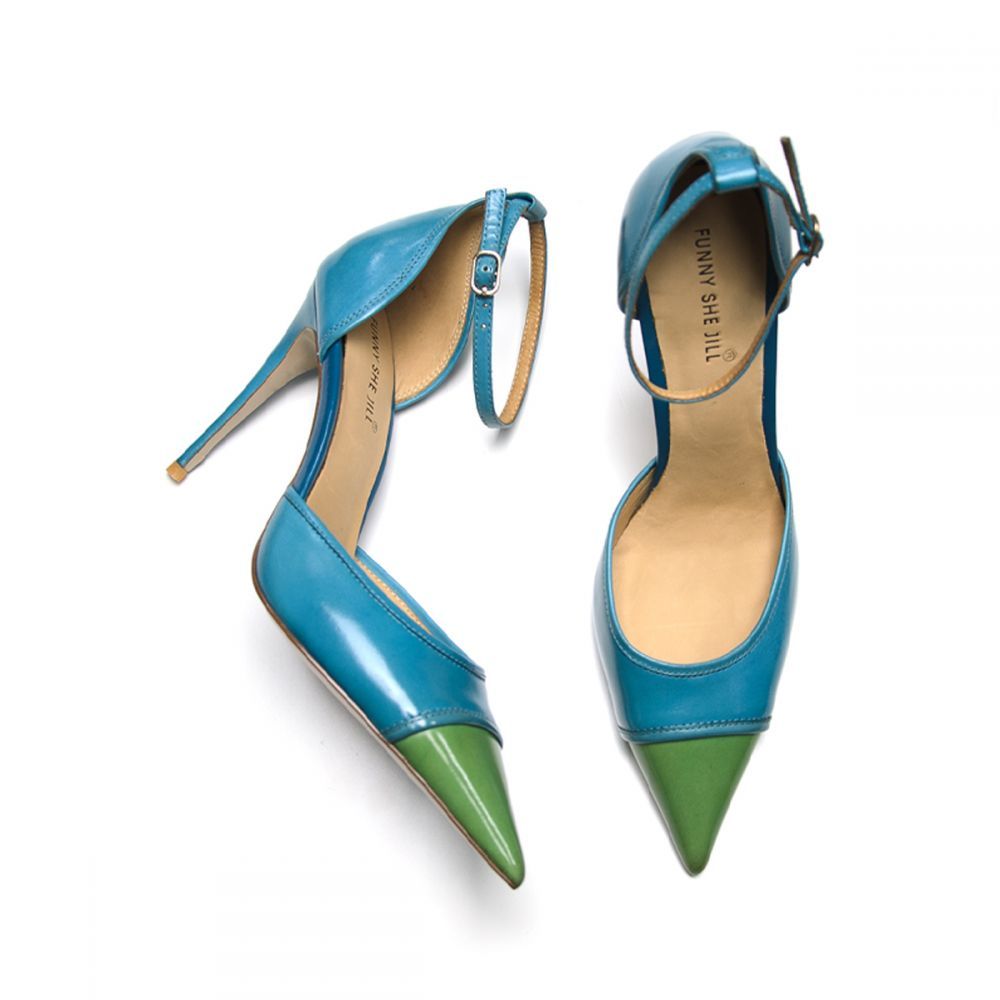 Ankle Strap Heels Pointed Toe Sandals Two-Color Stitching Pumps