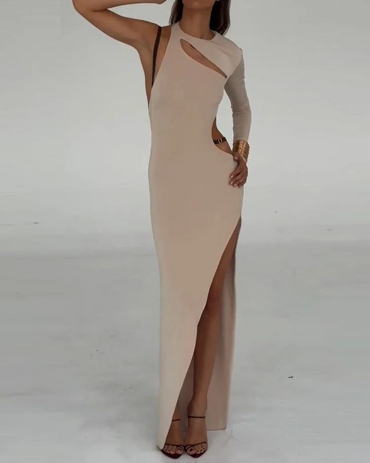One shoulder hollow solid color dress
