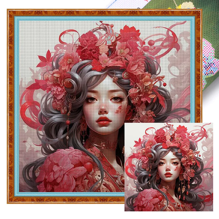 Ancient Style Red Flower Woman 11CT Stamped Cross Stitch 50*50CM