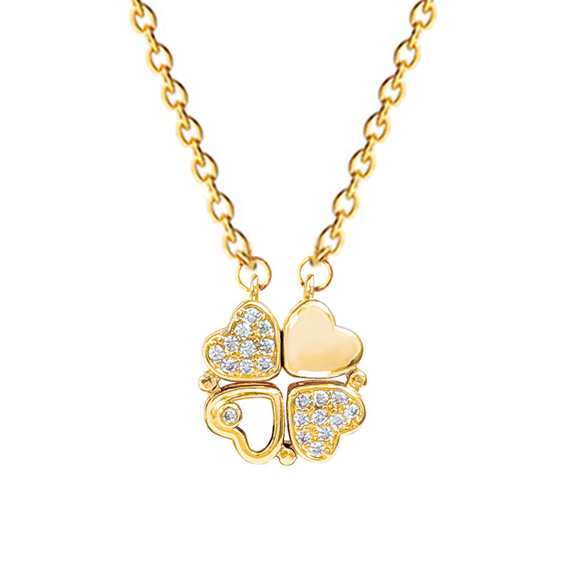 Women’S Necklace Two-Piece Heart-To-Heart Opening And Closing Four-Leaf Flower Full Diamond All-Match Clavicle Chain Titanium Steel