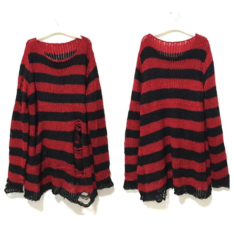 Punk Gothic Long Unisex Sweater 2020 Summer Women Striped Cool Hollow Out Hole Broken Jumper Loose Rock Thin Dark Streetwear Top 1029-1