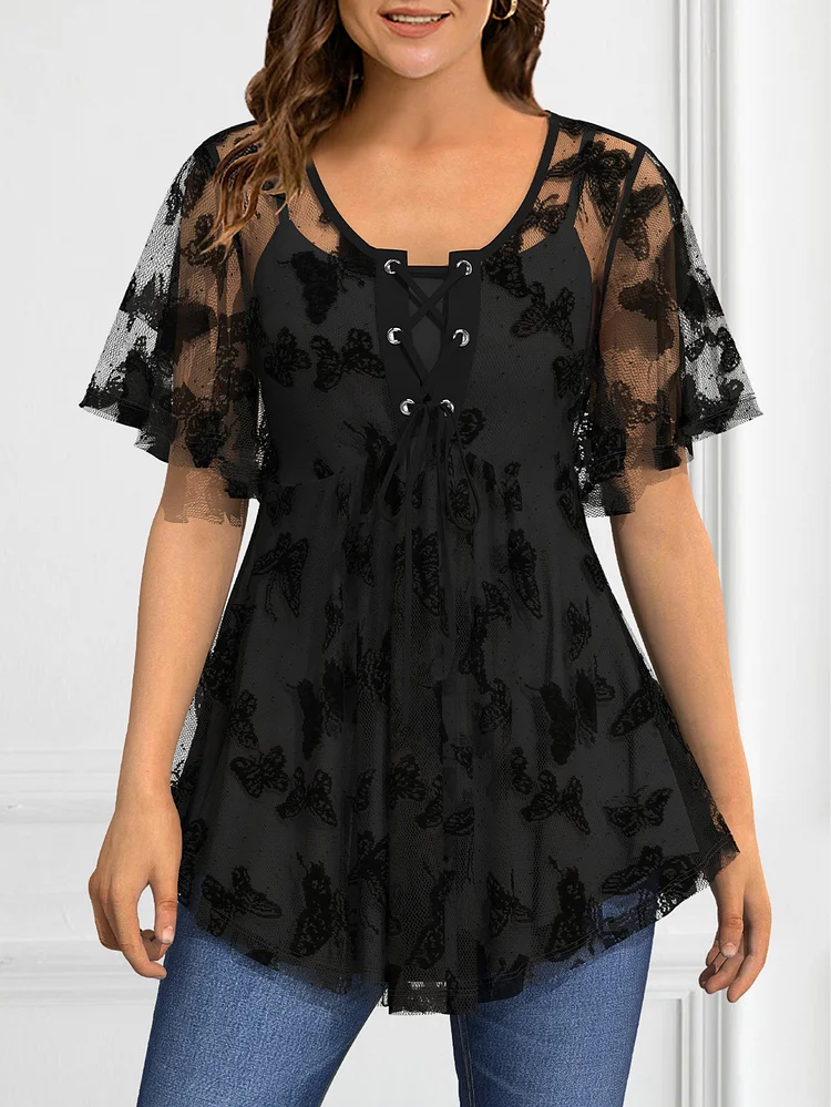 Flycurvy Plus Size Casual Black Butterfly Lace Flutter Sleeve Lace-Up Tunic Blouse