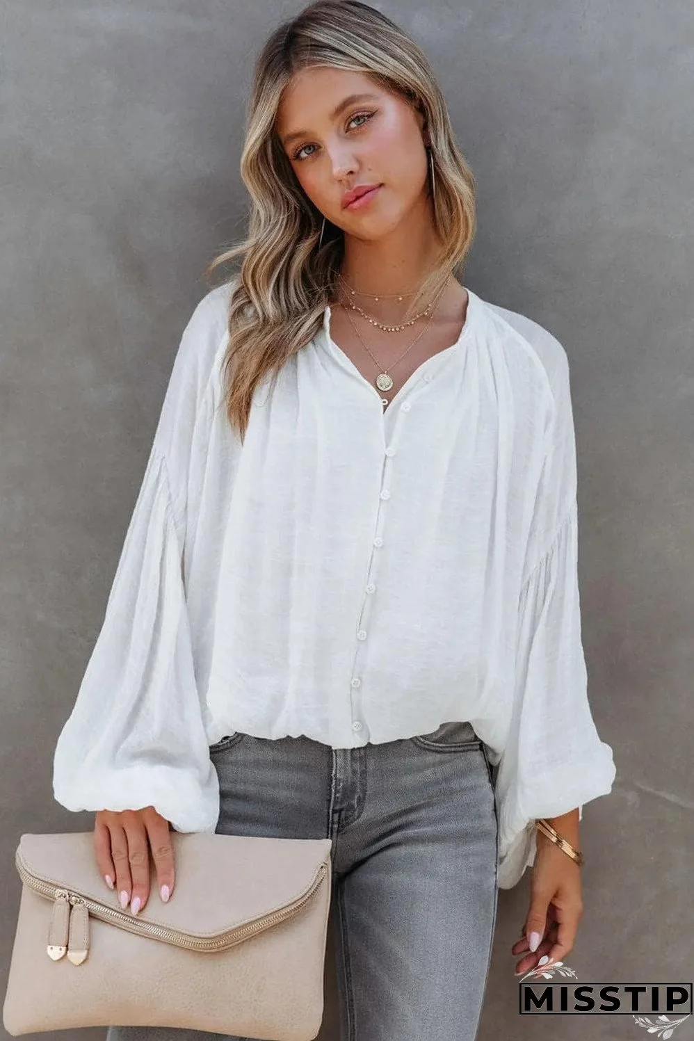 White Solid Color V Neck Balloon Sleeve Shirt