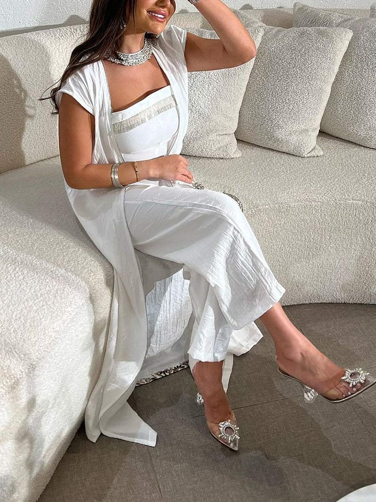 White Strapless Jumpsuit and Embroidered Undershirt Tunic Set
