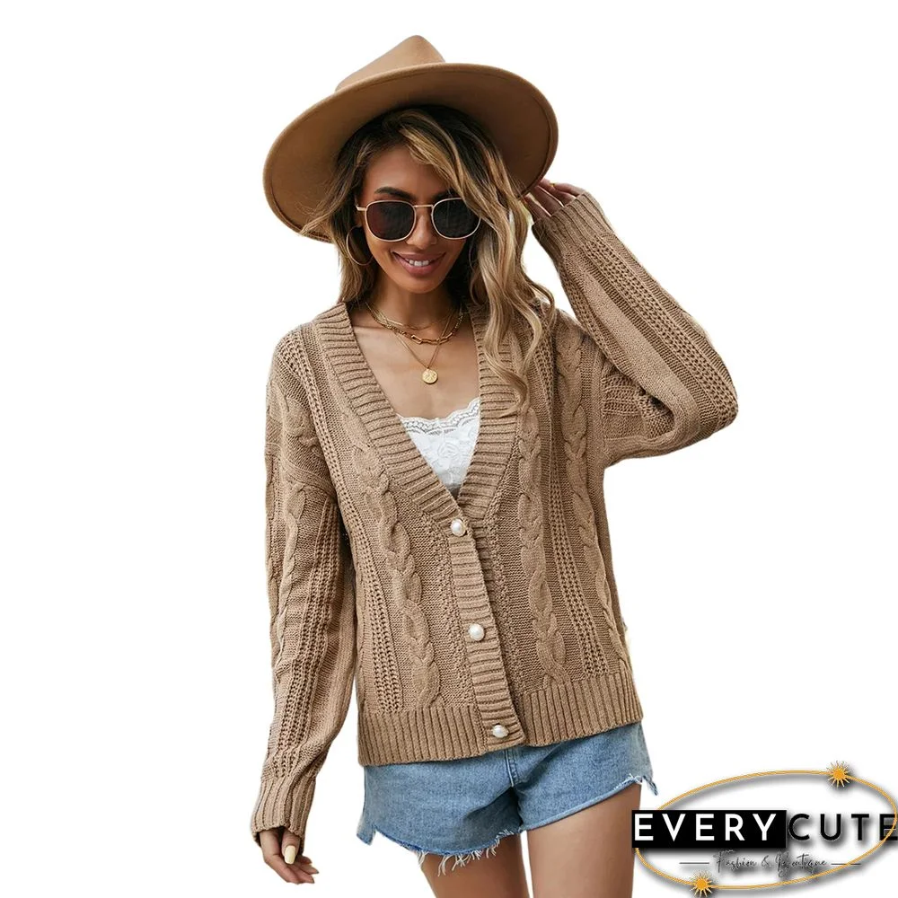 Solid Khaki Button Cable V Neck Cardigan