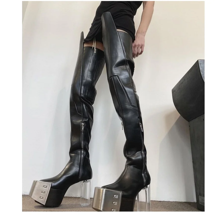 Over Knee Matte Boots Black Metal Decor Chunky Heel Square Toe Fashion Sexy 2026 Winter Big Size Woman Shoes Zapatillas Mujer  highheelher