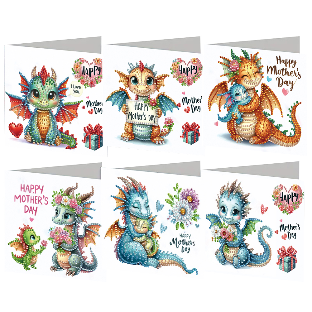 6Pcs Dinosaurs DIY Diamond Painting Greeting Card with Envelope for Mothers Day