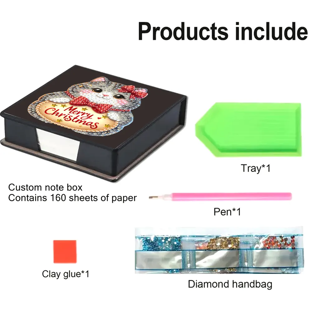 5D DIY PU Diamond Art Note Box with 160 Sheets Paper Memo Pad Holder Kit (Cat)