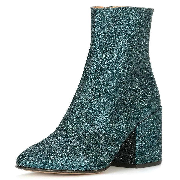 Green Glitter Boots Round Toe Chunky Heel Ankle Boots |FSJ Shoes