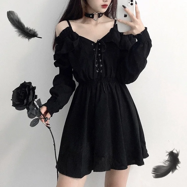 2022 V-Neck Black Summer Off Shoulder Long Sleeve Sling Dress Women Short Dress Party Casual Ladies Dresses Robe Sexy 13434