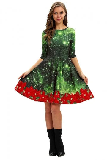 Crew Neck Half Sleeve Galaxy&Flower Print Christmas Dress Dark Green-elleschic