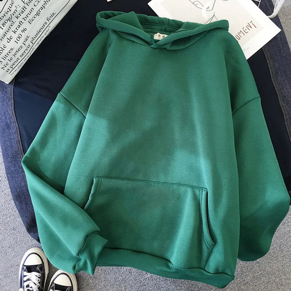 Women Harajuku Solid Hoodies Casual Warm Hooded Women Sweatshirt Winter Long Sleeve Plus Velvet Oversized Hoodies Streetwear