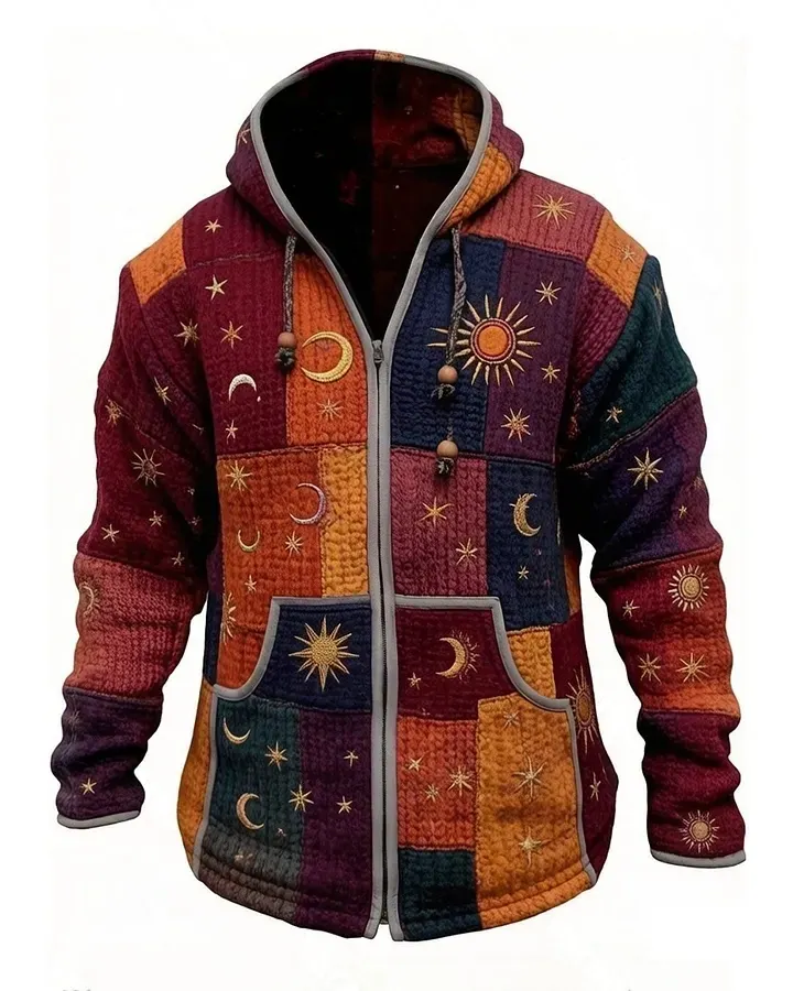 Men's Spring/Summer Fashion Star and Moon Embroidery Rainbow Color Block Patchwork Top  8694