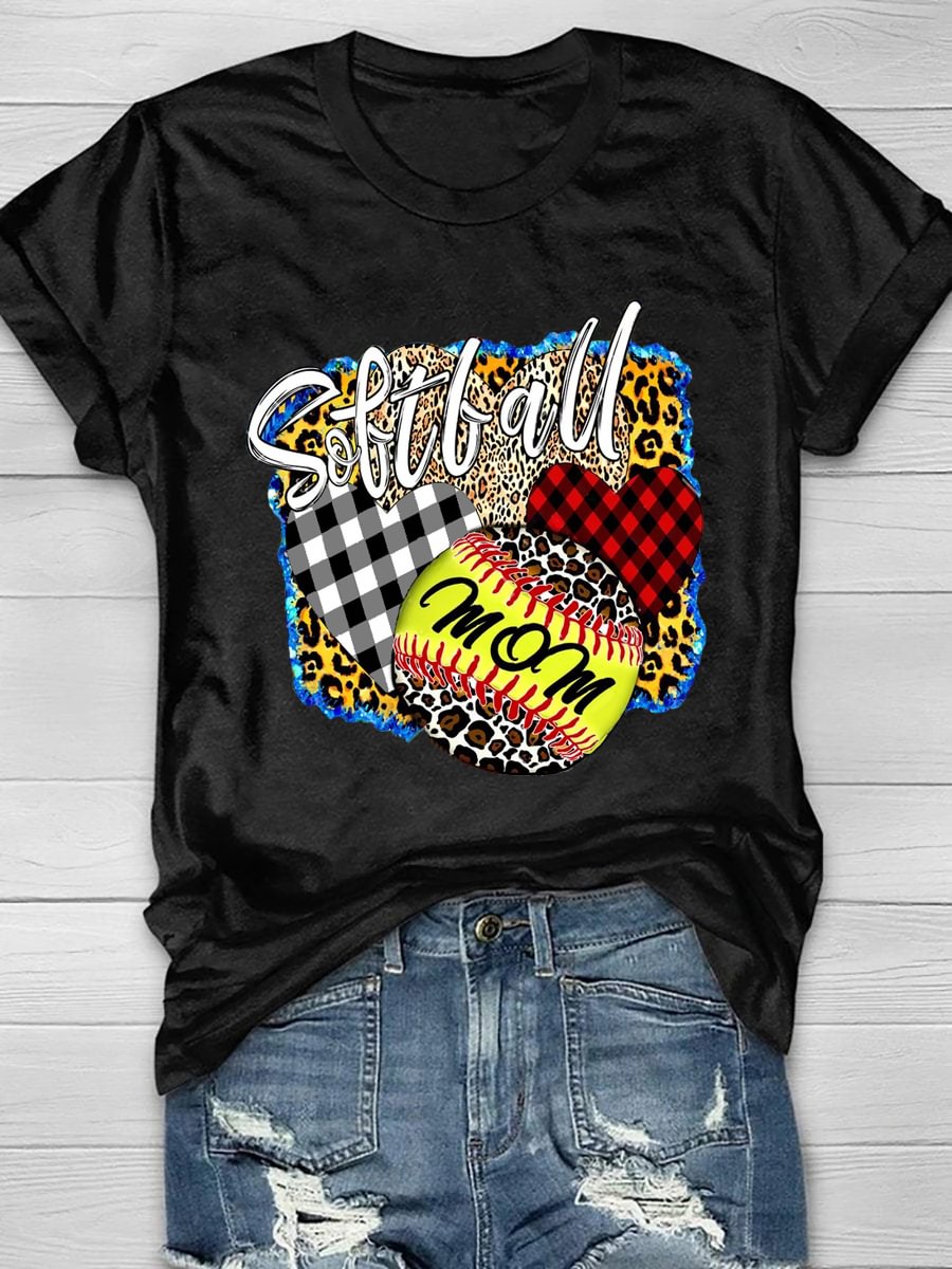 Softball Mom Leopard Check Print Short Sleeve T-Shirt