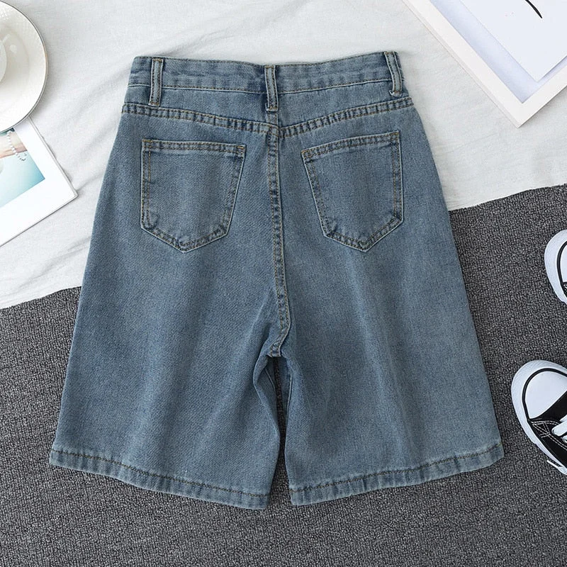 FTLZZ New Summer Women High Waist Blue Wide Leg Denim Shorts Casual Female Solid Color Streetwear Stright Jeans Shorts