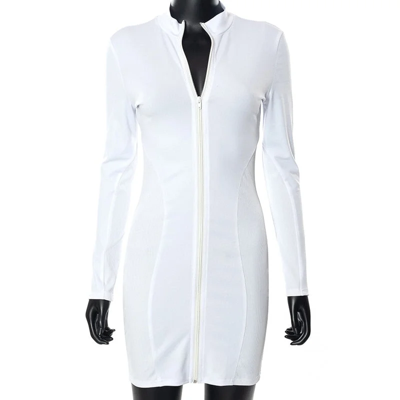 Yimunancy Long Sleeve Bodycon Dress Women Zipper Turtleneck Dress 2021 Winter Ladies Casual Mini Dress Vestidos