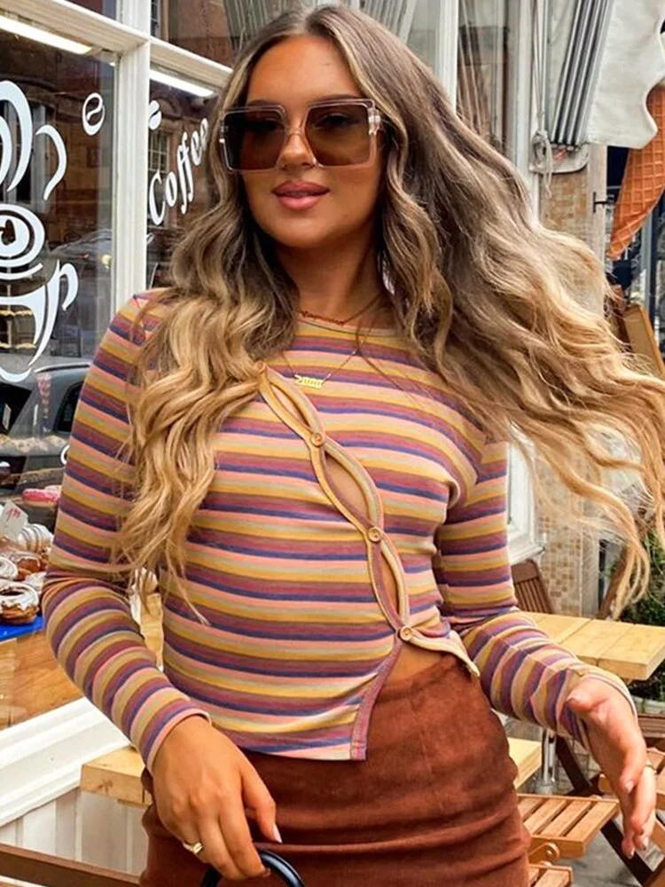 WannaThis Stripe Print Cropped Top Woman Y2K Hollow Out Button Skinny Korean Fashion Casual Sexy Long Sleeve 2021 Autumn T-Shirt
