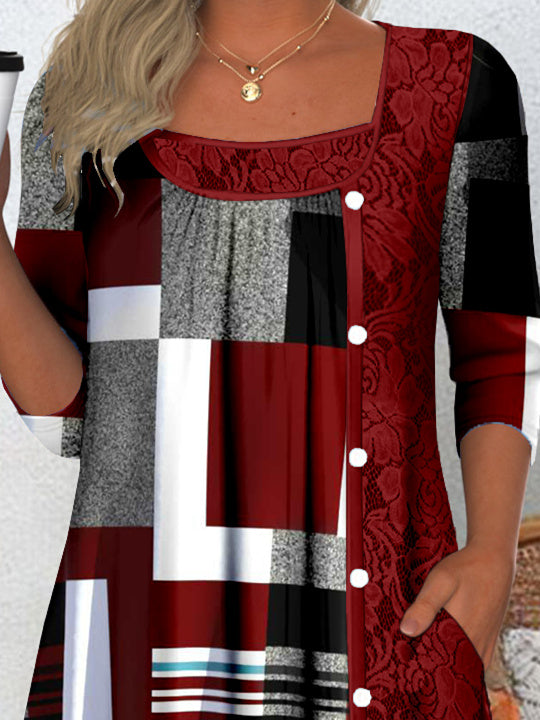 Women's Long Sleeve Scoop Neck Graphic Lace Buttons Top