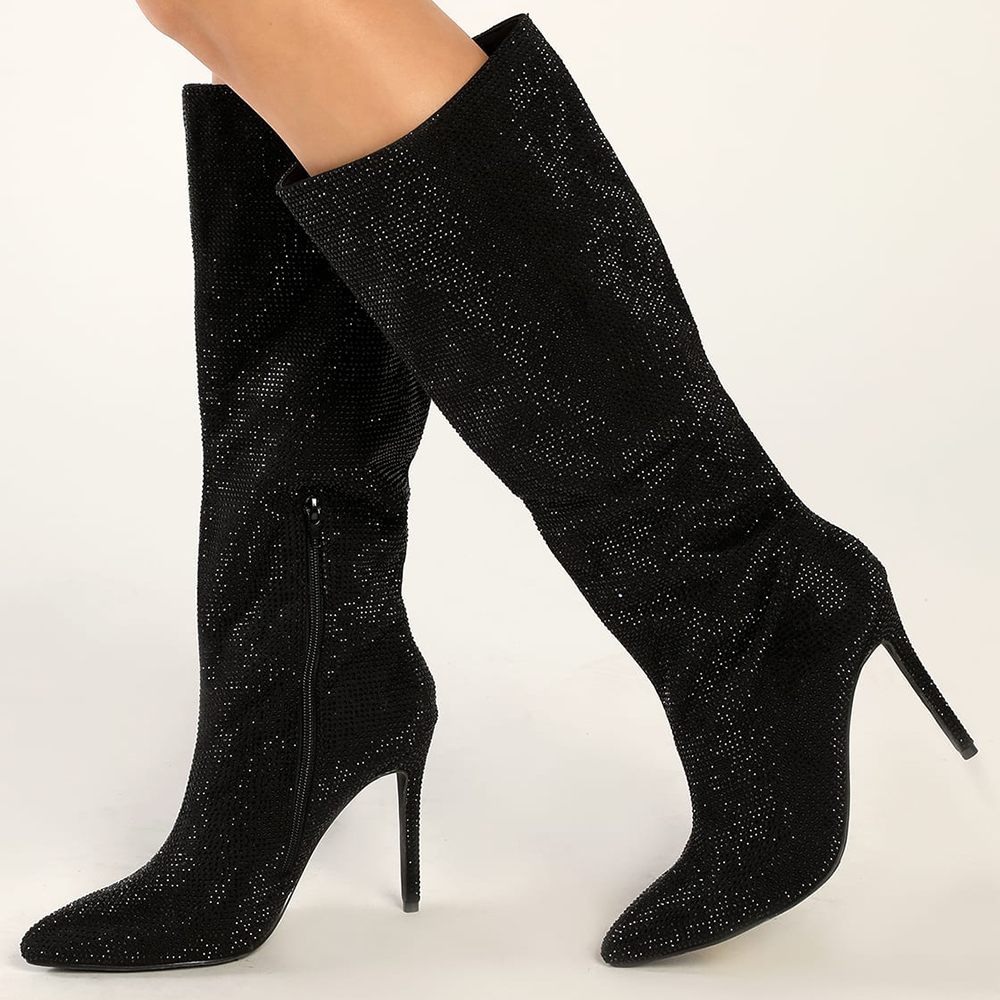 Black Pointed Toe Calf High Rhinestone Boots with Stiletto Heels Nicepairs