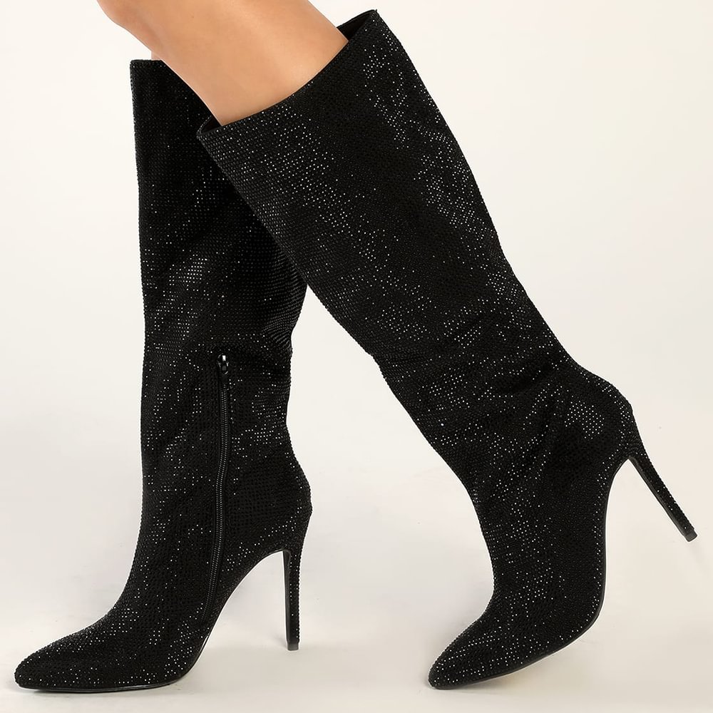 Black Glitter Leather Boots Pointed Toe Stiletto Heel Boots Nicepairs