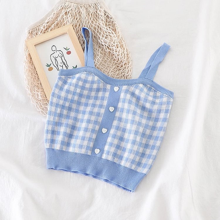 Sweet Color Buttons Knitted Plaid Crop Camisole - Gotamochi Kawaii Shop, Kawaii Clothes