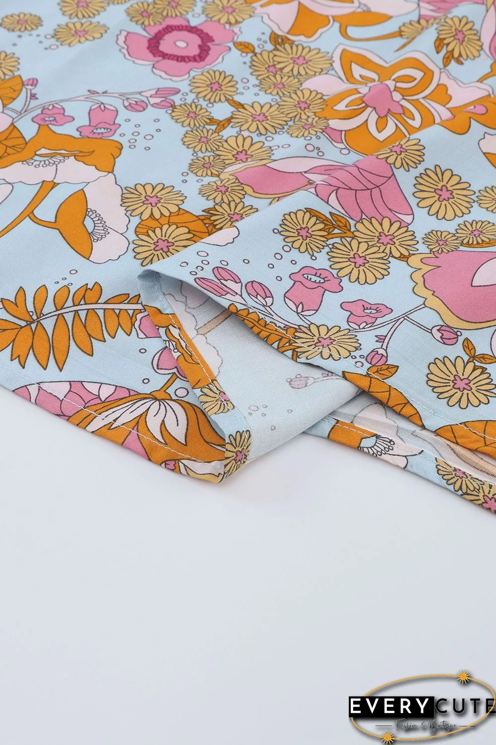 Multicolor Lace Trim Mix Floral Printed Contrast Ruffle Sleeve Blouse