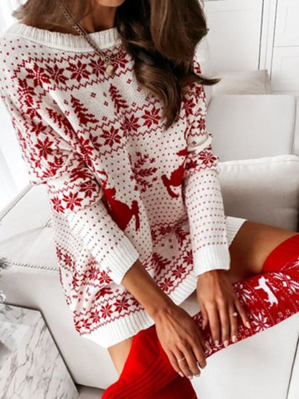 Christmas Elk Snowflake Jacquard Loose Long Sleeve Knit Dresses