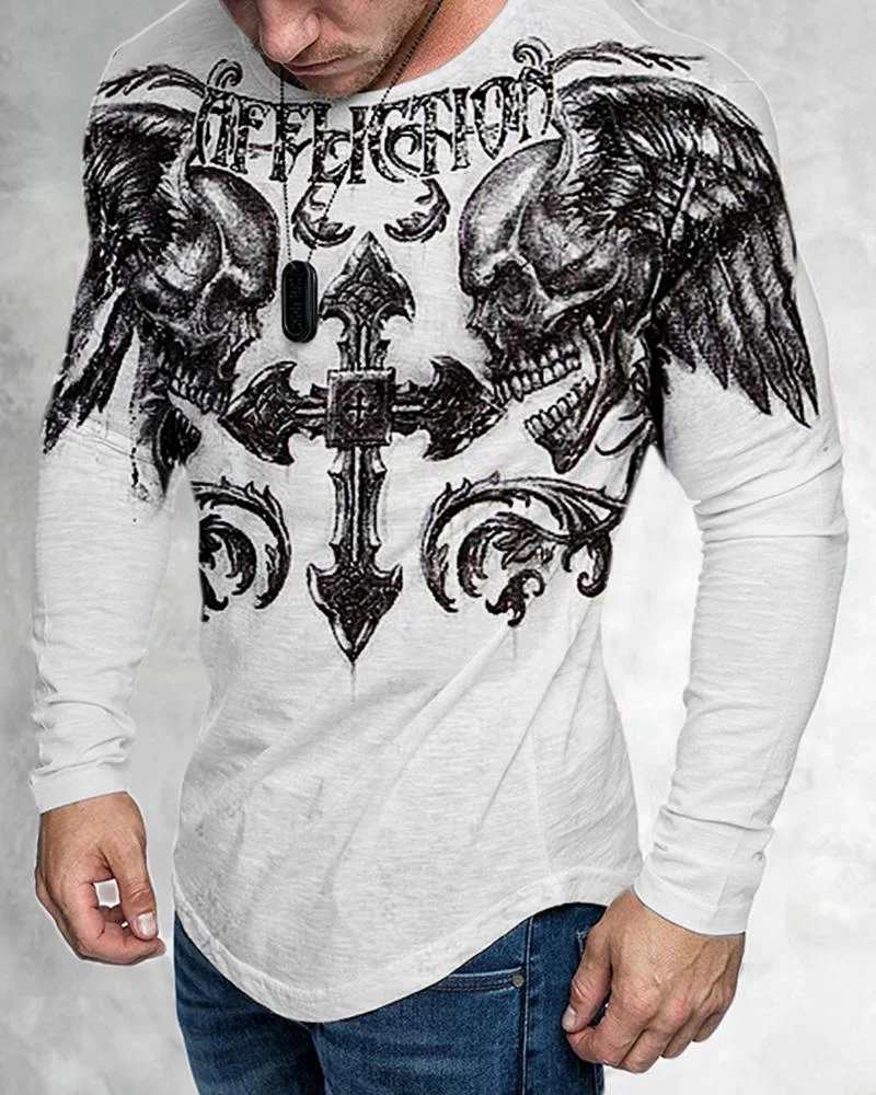 Men's Casual Long-sleeved White Skull Printing T-shirt